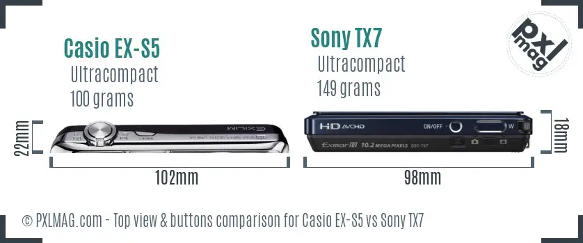 Casio EX-S5 vs Sony TX7 top view buttons comparison