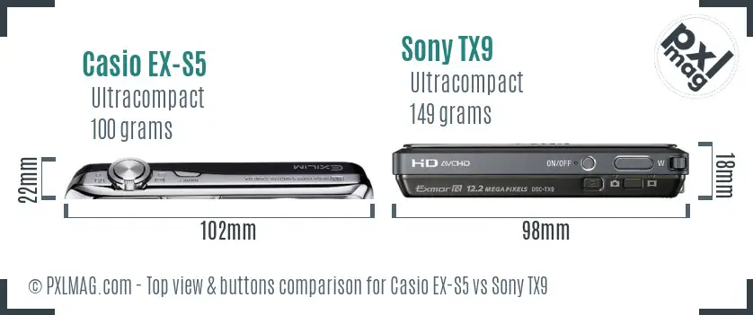 Casio EX-S5 vs Sony TX9 top view buttons comparison