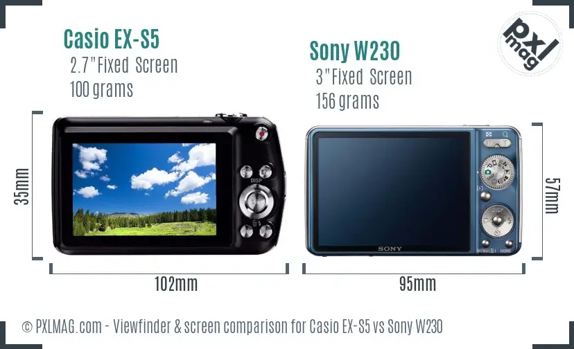 Casio EX-S5 vs Sony W230 Screen and Viewfinder comparison