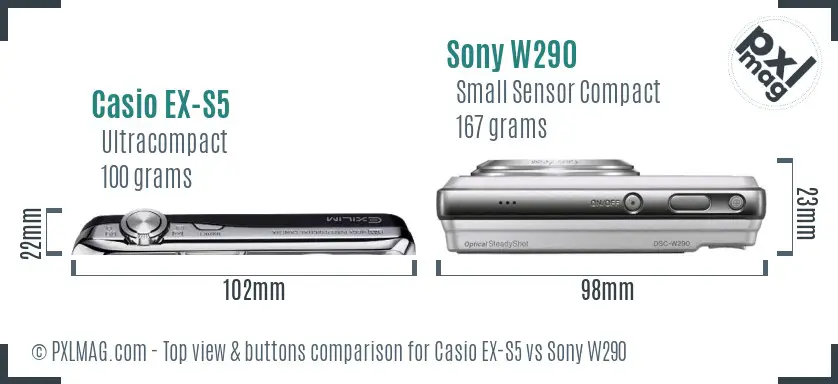 Casio EX-S5 vs Sony W290 top view buttons comparison