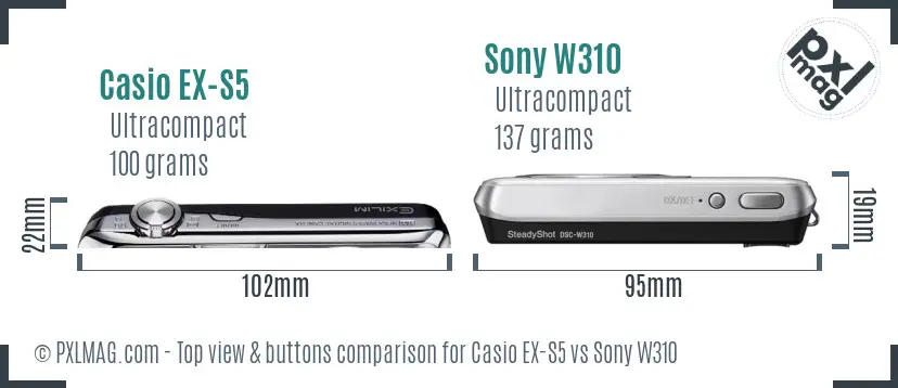 Casio EX-S5 vs Sony W310 top view buttons comparison