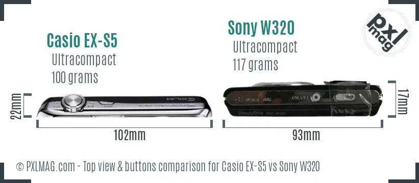 Casio EX-S5 vs Sony W320 top view buttons comparison