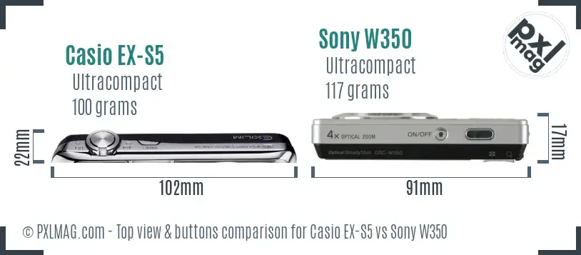 Casio EX-S5 vs Sony W350 top view buttons comparison