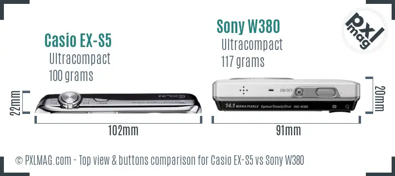 Casio EX-S5 vs Sony W380 top view buttons comparison Casio EX-S5 vs Sony W380 top view buttons comparison