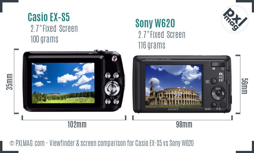Casio EX-S5 vs Sony W620 Screen and Viewfinder comparison
