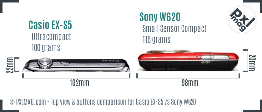 Casio EX-S5 vs Sony W620 top view buttons comparison