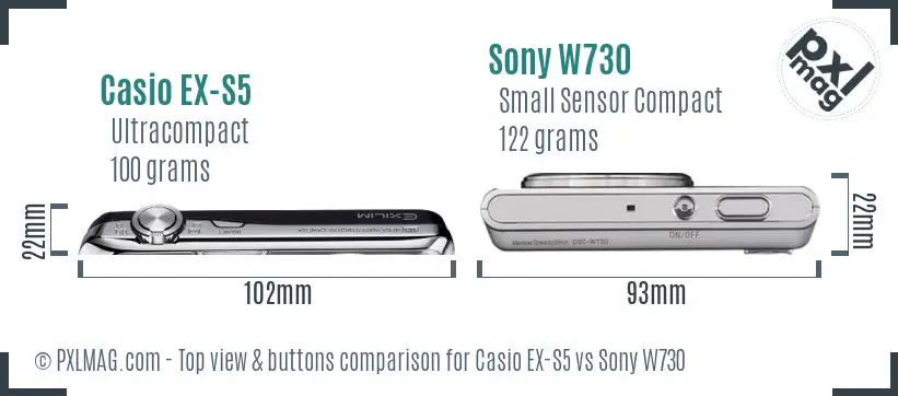 Casio EX-S5 vs Sony W730 top view buttons comparison Casio EX-S5 vs Sony W730 top view buttons comparison