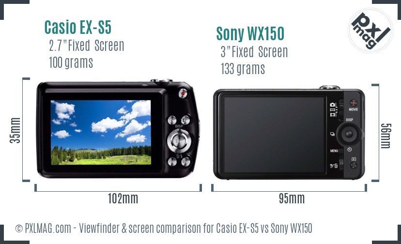 Casio EX-S5 vs Sony WX150 Screen and Viewfinder comparison