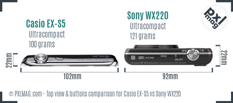 Casio EX-S5 vs Sony WX220 top view buttons comparison