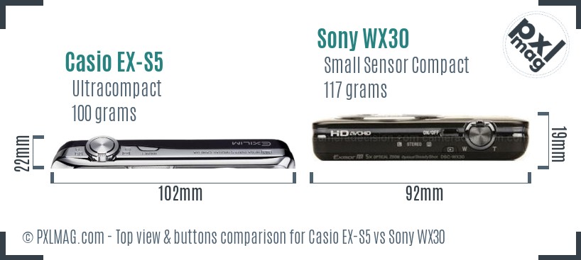 Casio EX-S5 vs Sony WX30 top view buttons comparison
