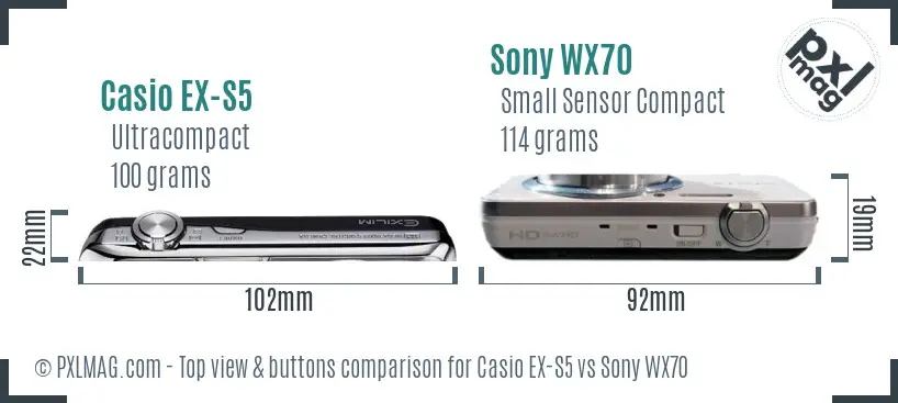 Casio EX-S5 vs Sony WX70 top view buttons comparison