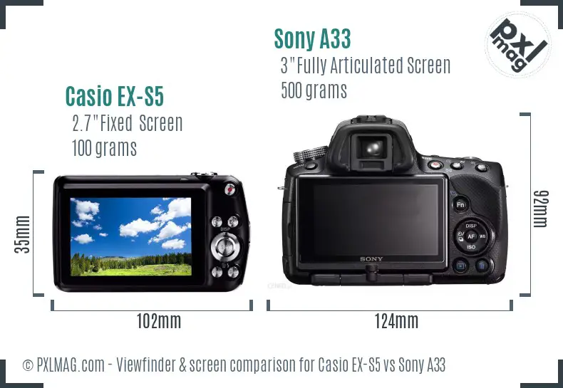 Casio EX-S5 vs Sony A33 Screen and Viewfinder comparison