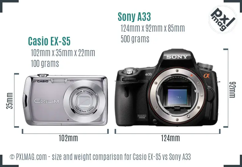 Casio EX-S5 vs Sony A33 size comparison