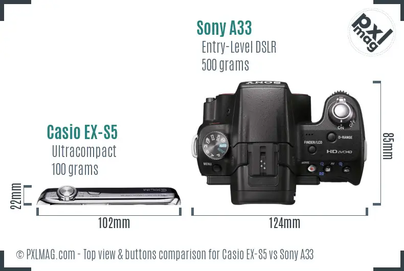 Casio EX-S5 vs Sony A33 top view buttons comparison