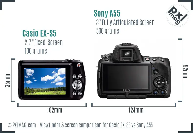 Casio EX-S5 vs Sony A55 Screen and Viewfinder comparison