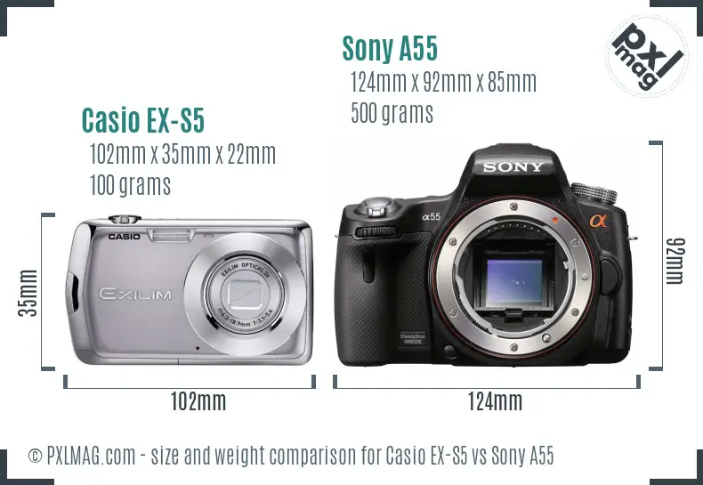 Casio EX-S5 vs Sony A55 size comparison