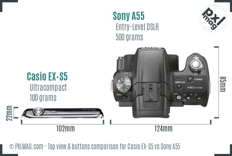 Casio EX-S5 vs Sony A55 top view buttons comparison