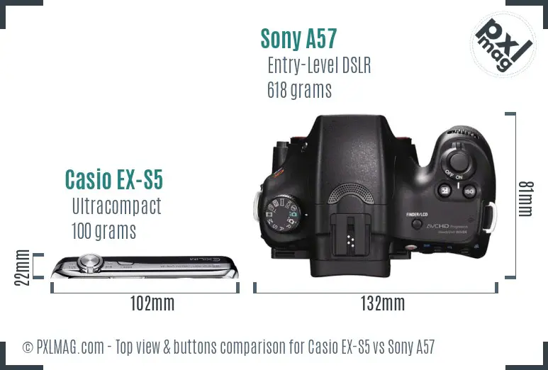 Casio EX-S5 vs Sony A57 top view buttons comparison Casio EX-S5 vs Sony A57 top view buttons comparison