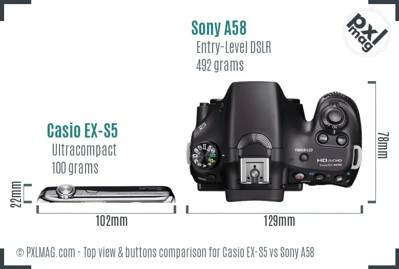 Casio EX-S5 vs Sony A58 top view buttons comparison