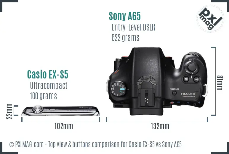 Casio EX-S5 vs Sony A65 top view buttons comparison