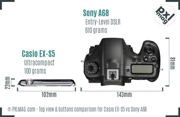 Casio EX-S5 vs Sony A68 top view buttons comparison