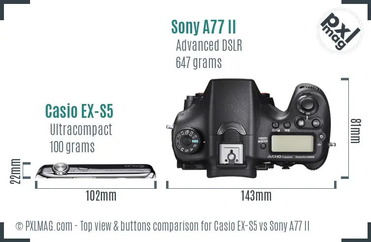 Casio EX-S5 vs Sony A77 II top view buttons comparison