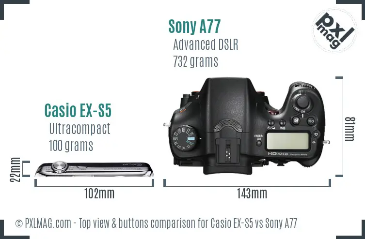 Casio EX-S5 vs Sony A77 top view buttons comparison