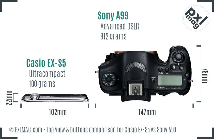 Casio EX-S5 vs Sony A99 top view buttons comparison Casio EX-S5 vs Sony A99 top view buttons comparison