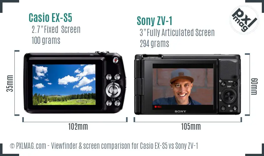 Casio EX-S5 vs Sony ZV-1 Screen and Viewfinder comparison