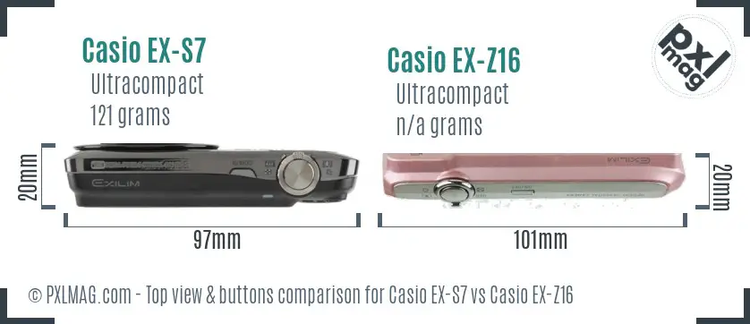 Casio EX-S7 vs Casio EX-Z16 top view buttons comparison