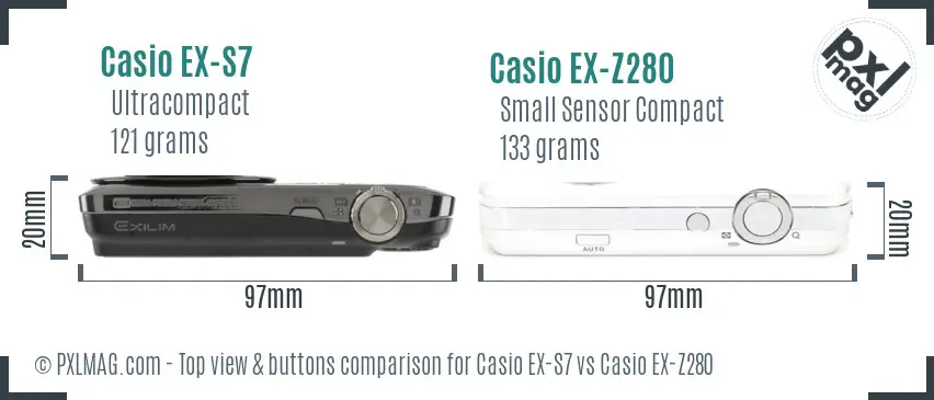 Casio EX-S7 vs Casio EX-Z280 top view buttons comparison