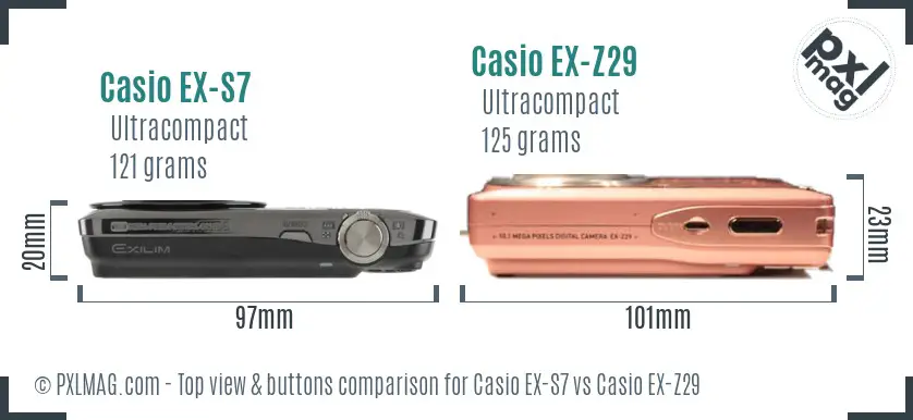 Casio EX-S7 vs Casio EX-Z29 top view buttons comparison
