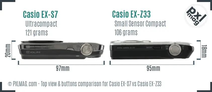 Casio EX-S7 vs Casio EX-Z33 top view buttons comparison