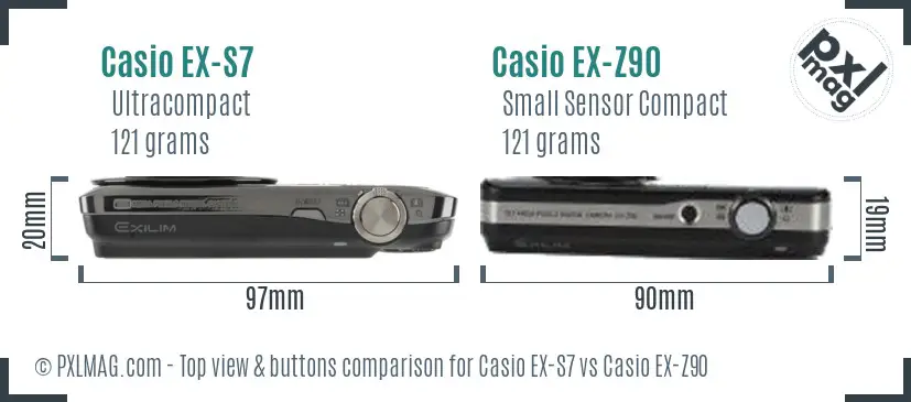 Casio EX-S7 vs Casio EX-Z90 top view buttons comparison