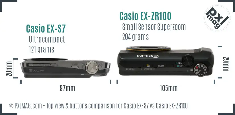 Casio EX-S7 vs Casio EX-ZR100 top view buttons comparison
