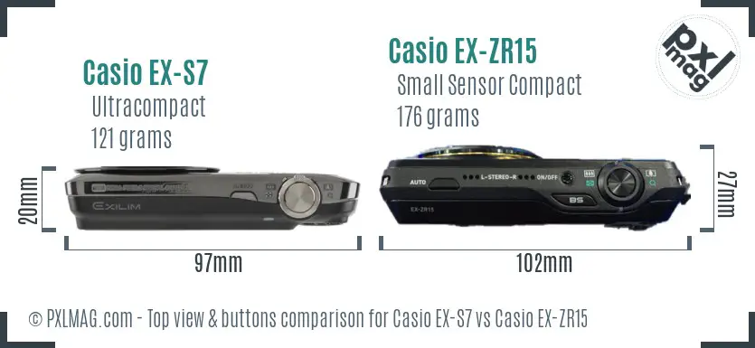 Casio EX-S7 vs Casio EX-ZR15 top view buttons comparison