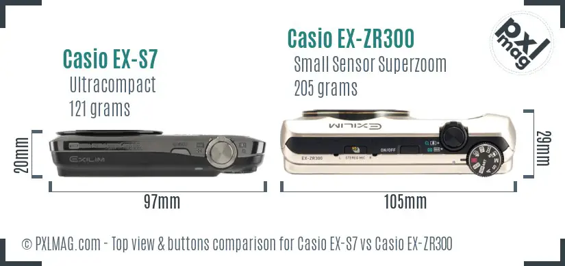 Casio EX-S7 vs Casio EX-ZR300 top view buttons comparison