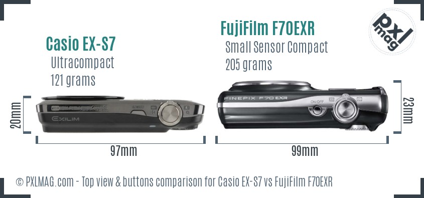 Casio EX-S7 vs FujiFilm F70EXR top view buttons comparison