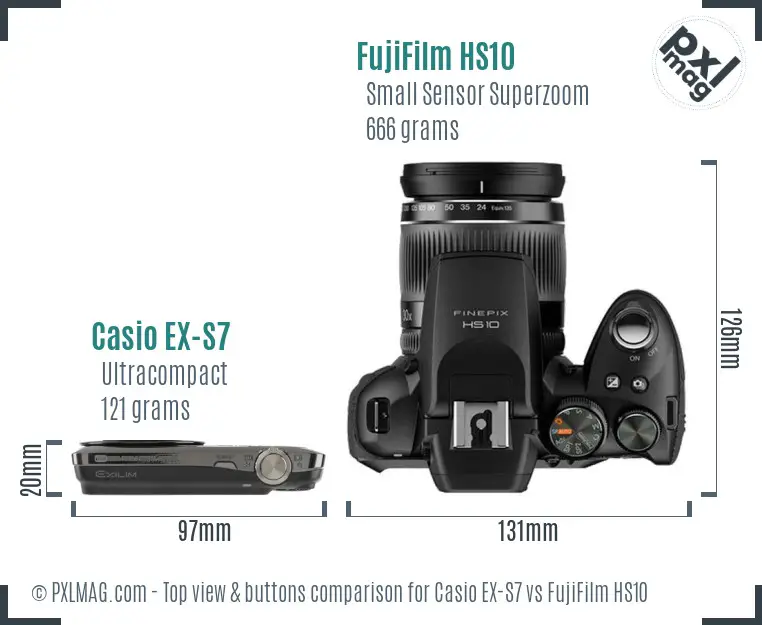 Casio EX-S7 vs FujiFilm HS10 top view buttons comparison