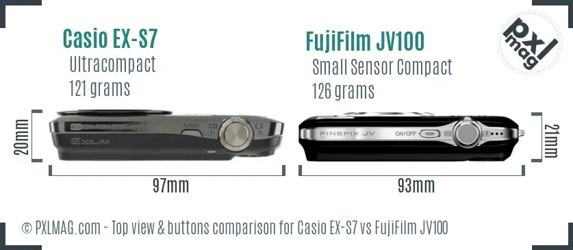 Casio EX-S7 vs FujiFilm JV100 top view buttons comparison