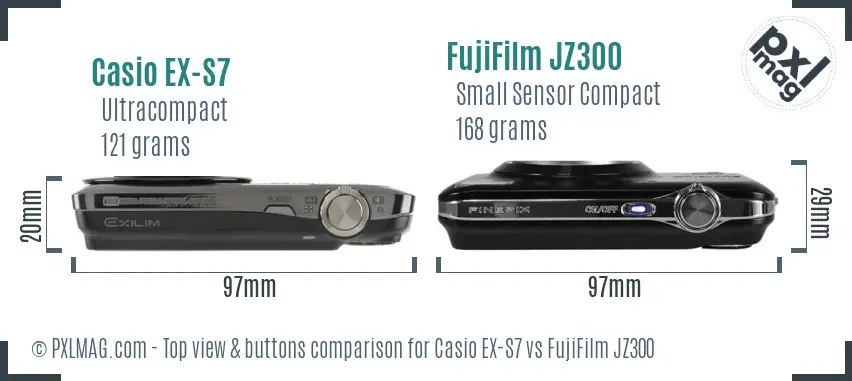 Casio EX-S7 vs FujiFilm JZ300 top view buttons comparison