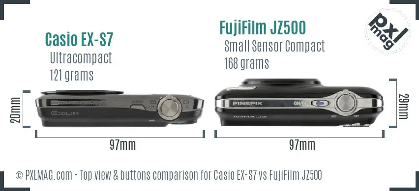 Casio EX-S7 vs FujiFilm JZ500 top view buttons comparison