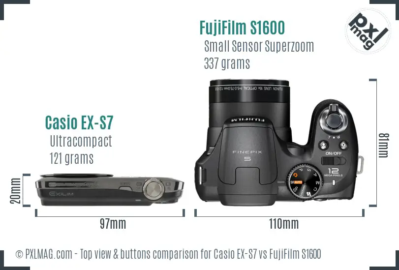 Casio EX-S7 vs FujiFilm S1600 top view buttons comparison