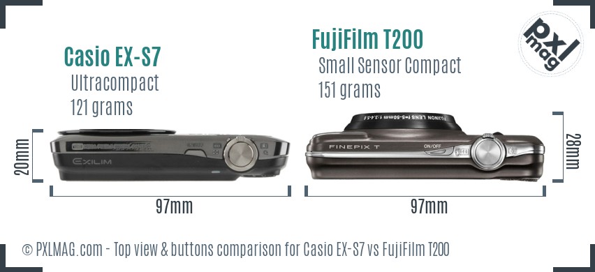 Casio EX-S7 vs FujiFilm T200 top view buttons comparison