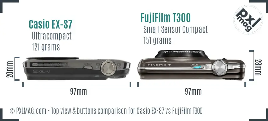 Casio EX-S7 vs FujiFilm T300 top view buttons comparison