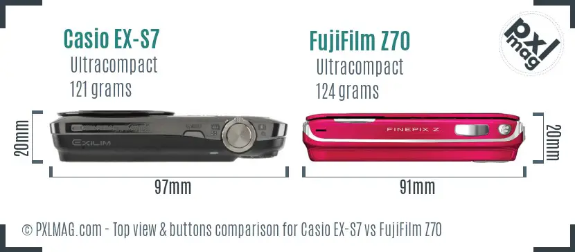 Casio EX-S7 vs FujiFilm Z70 top view buttons comparison