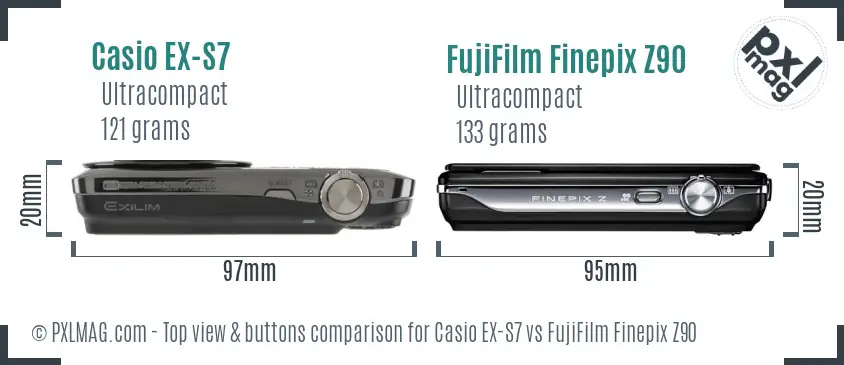 Casio EX-S7 vs FujiFilm Finepix Z90 top view buttons comparison