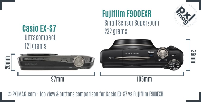 Casio EX-S7 vs Fujifilm F900EXR top view buttons comparison