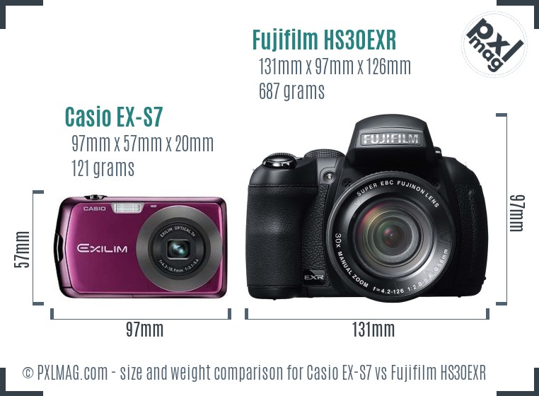 Casio EX-S7 vs Fujifilm HS30EXR size comparison