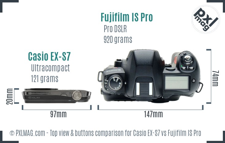Casio EX-S7 vs Fujifilm IS Pro top view buttons comparison